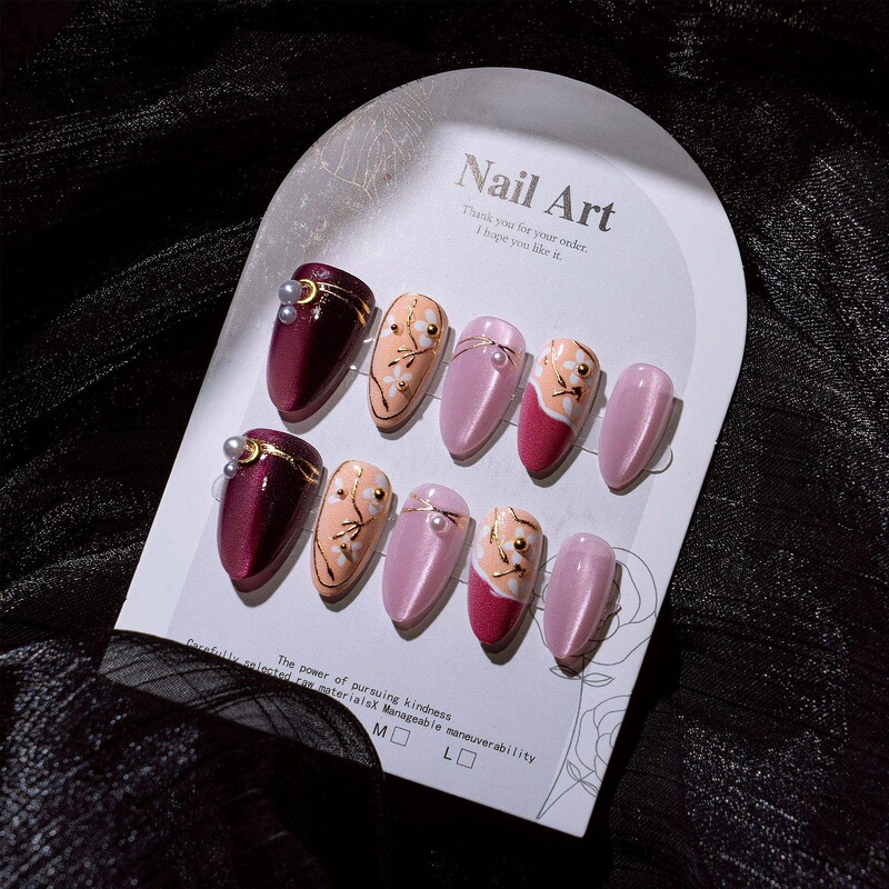 Cross-border hot item: burgundy cat-eye pearl nail art with delicate floral designs, suitable for engagement and wedding attire, high-end wearable nails Cross-border hot item: burgundy cat-eye pearl nail art with delicate floral designs, suitable for engagement and wedding attire, high-end wearable nails