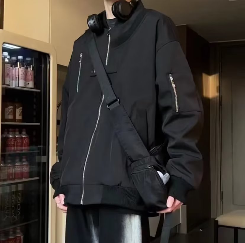 New retro zipper design, black pilot jacket, men's trendy and cool jacket, double layered thick top_voghion.com