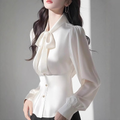 2025年春秋白色蝴蝶结衬衫女高级感轻奢减龄洋气独特漂亮收腰上衣
