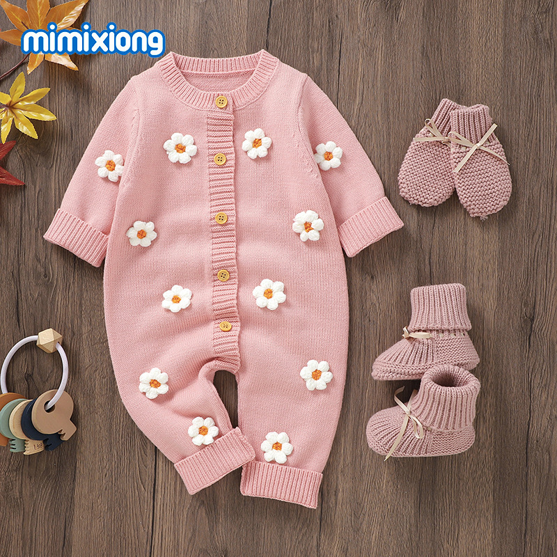 Ins Hot Selling Spring and Autum New Baby Knitted Cute Stereo Flower Knitted One-Piece Romper