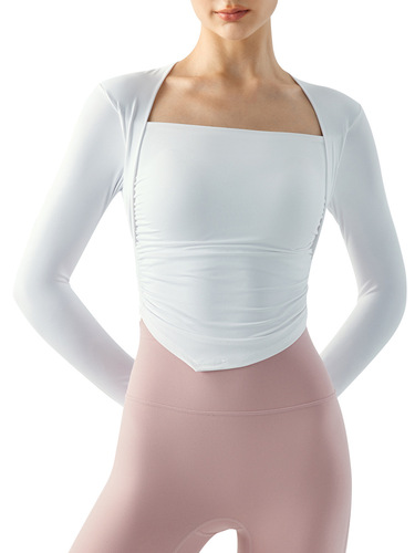 Two-Piece Yoga Set with Long Sleeve Half-Fixed Droplet Cup, Gathered Slimming Sports T-Shirt, Running Breathable Fitness Top