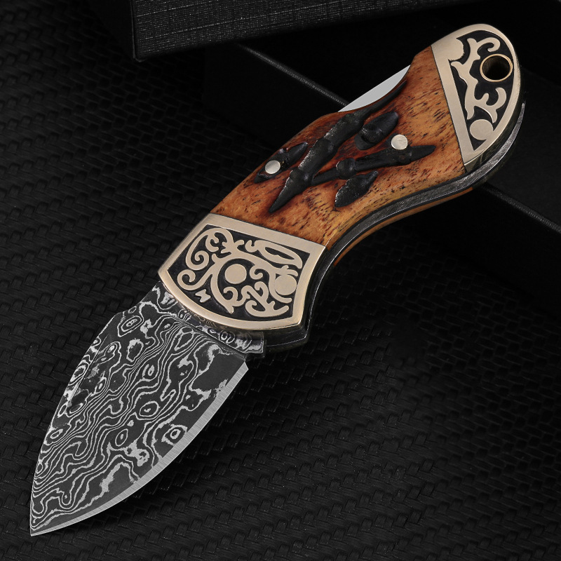 大马士革小刀迷你折刀户外露营必备小刀钥匙扣折刀牛骨柄小刀