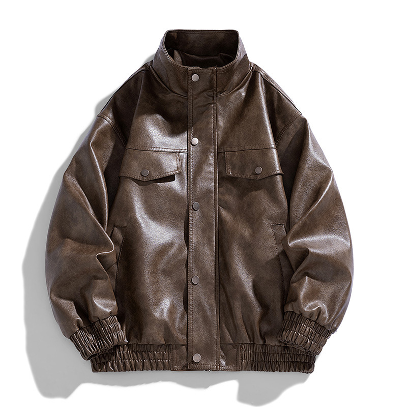 Transfronterizos de tendencia de moda de gran tamaño, abrigo de cuello vertical, comercio exterior de primavera y otoño, nuevo tipo suelto de chaqueta de cuero para hombres.