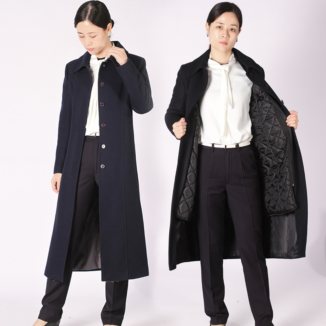 嘉欣克柔丝冬季藏蓝色直身版活套加棉内胆都市休闲直筒型毛呢大衣