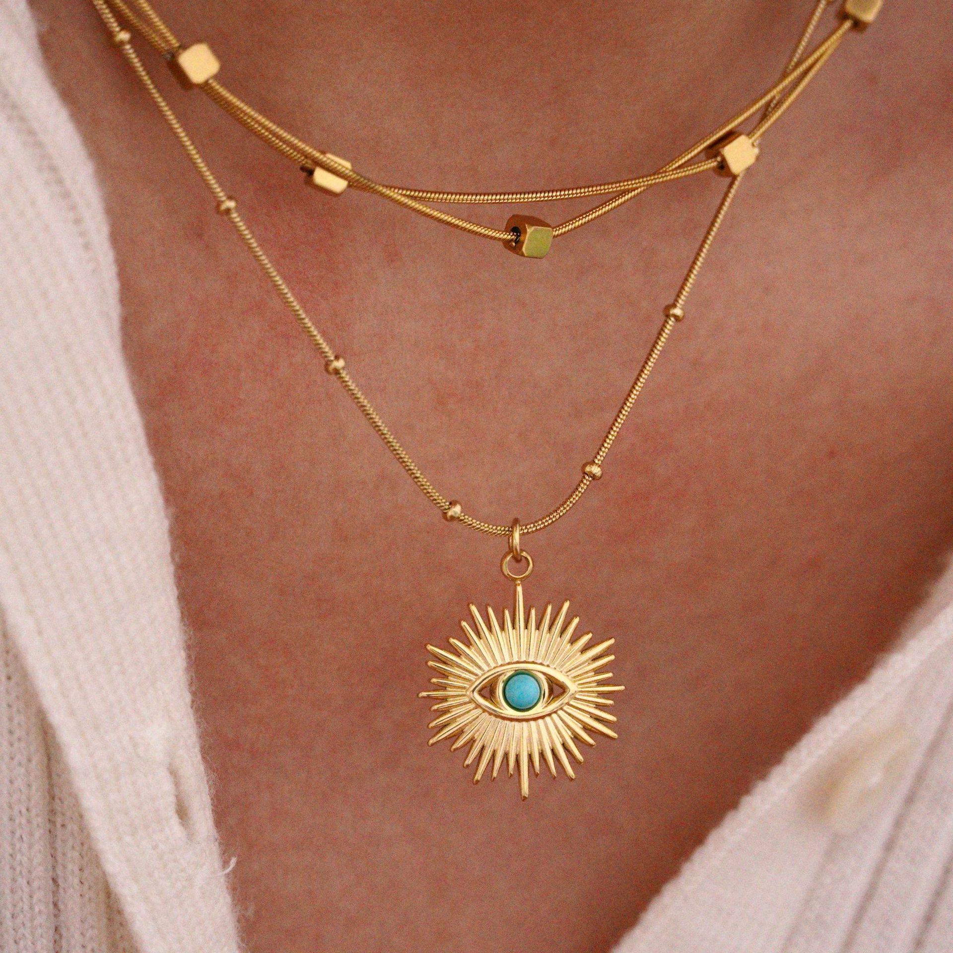 14K Gold Plated Plating Material Titanium Steel Pendant Material Titanium Steel 14K Gold Plated Elegant Classical Lady Plating Inlay Geometric Devil's Eye Natural Stone Pendant Necklace