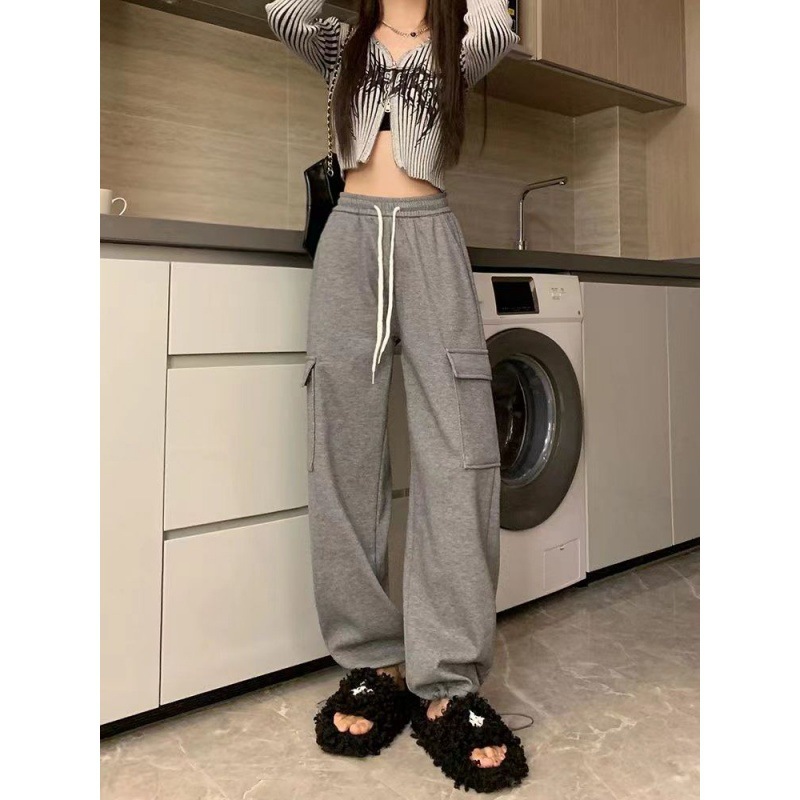Pantalones cargo casuales de cintura alta para mujer, nuevo estilo de otoño, estilo retro americano, largos hasta el suelo, pantalones anchos de pierna recta que estilizan.
