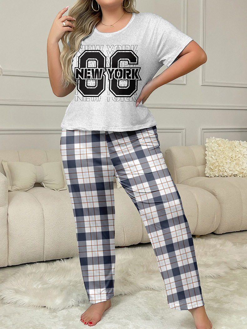 Plus Size Women's Plaid Pyjamas Set Short Sleeved Milk Silk Loungewear_voghion.com