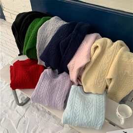 韩系圆领温柔风麻花套头毛衣女装秋冬新款宽松外穿软糯针织衫上衣