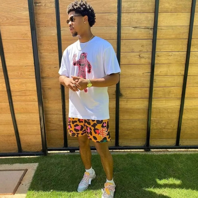 Trendy American Basketball Shorts Knee-Length Quick-Dry Sports Shorts Men Summer Loose Casual Leopard Print Quarter Pants