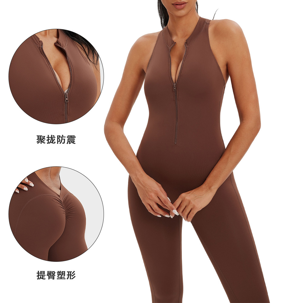 Ropa de yoga de una pieza con cremallera de una pieza desnuda, espalda hueca, pantalones de yoga de una pieza de fitness para correr, mono deportivo