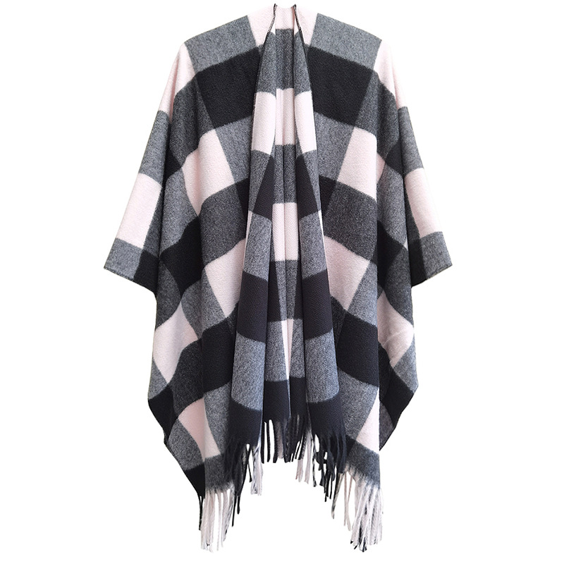 Unisex Autumn/Winter women's split cape thickened plaid bristle fringe cape_viptrois.com