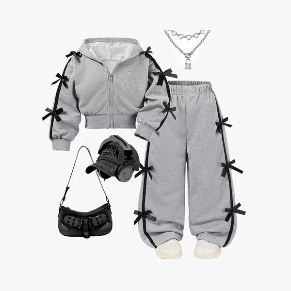 Foreign Trade Girls' Autumn Outfit: Gray Short Zip-Up Hoodie and Wide-Leg Pants Two-Piece Set for Girls