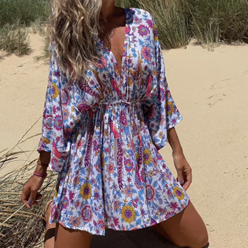 floral print V-neck long-sleeved short loose dress NSJZC123752