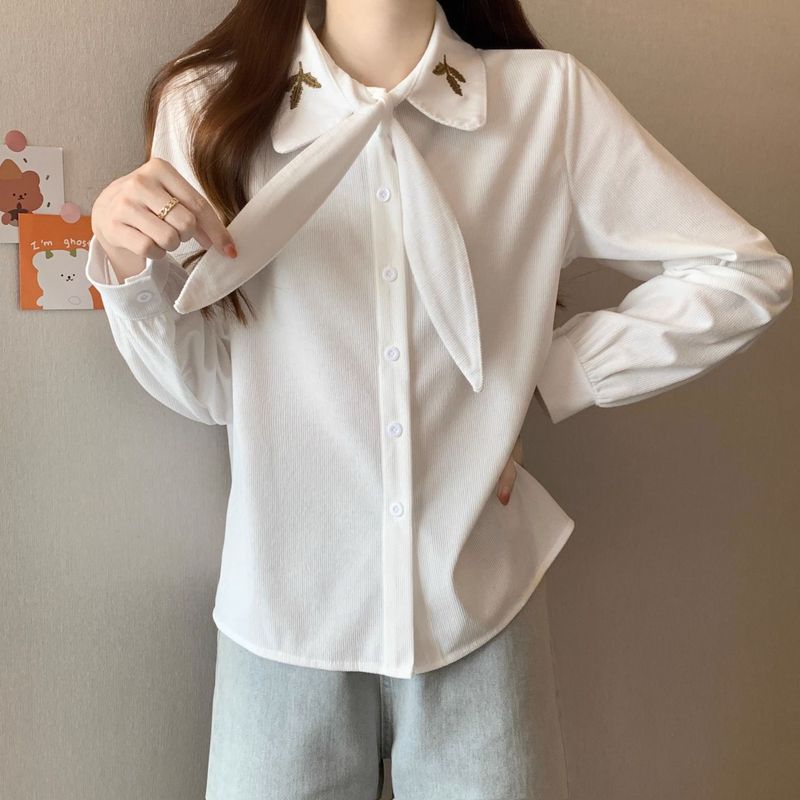 百搭刺绣系带法式长袖衬衫女2025秋季新款设计感胖mm遮肚上衣藏肉|undefined