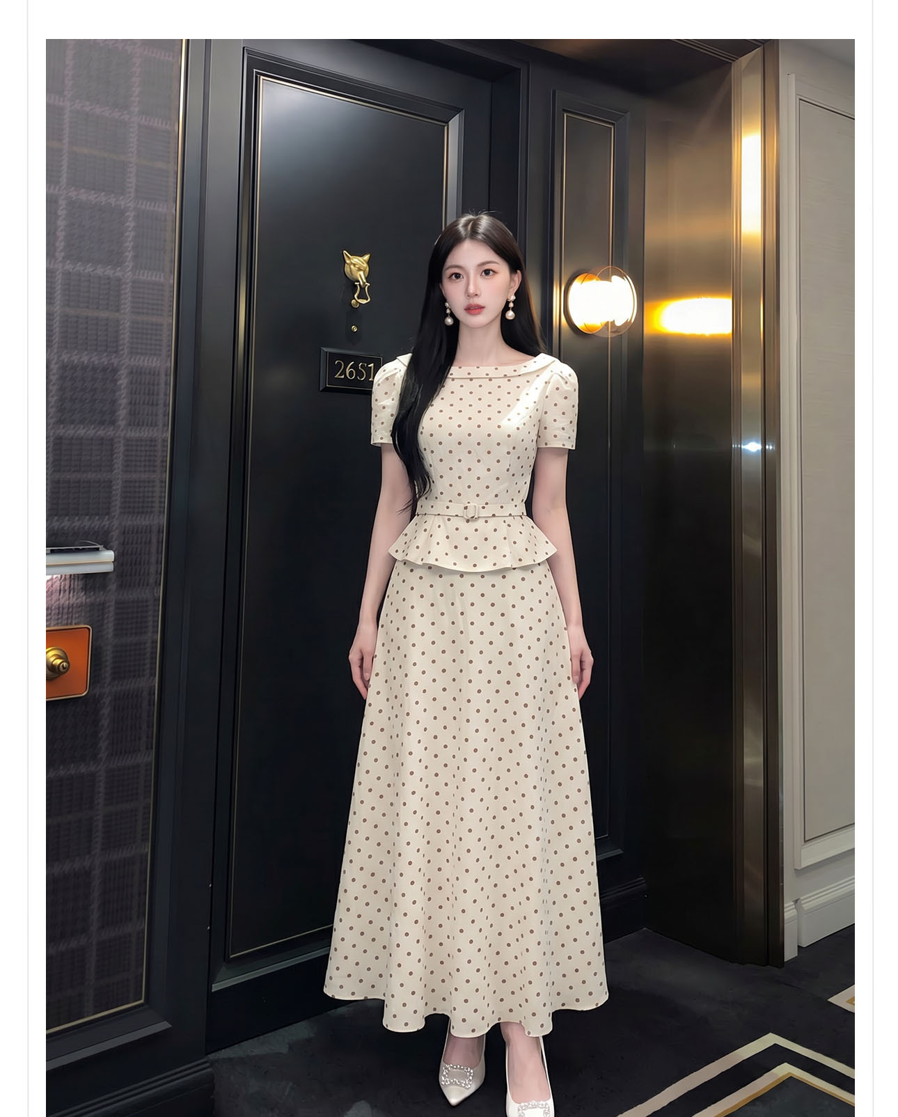 Bộ váy áo hai dây phối chân váy chấm bi phong cách Pháp, eo thon gọn — Trang chủ, bộ đồ, nửa váy chi tiết 8