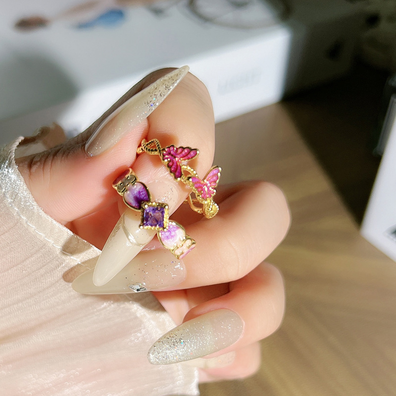 7g Weight Open Rings Classification Adjustable Ring Size 1 Piece Quantity Holiday, Tea Party Occasion Copper Material Flower, Butterfly Pattern All Seasons Season Women's Gender Enamel Design Classic Style, Shiny Style Wholesale Jewelry Classic Style Shiny Flower Butterfly Copper Enamel Open Rings 3