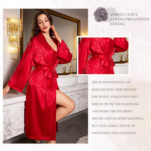 Fashionable new long-sleeved robe for women, elegant floral leopard print printed silk homecoming attire.