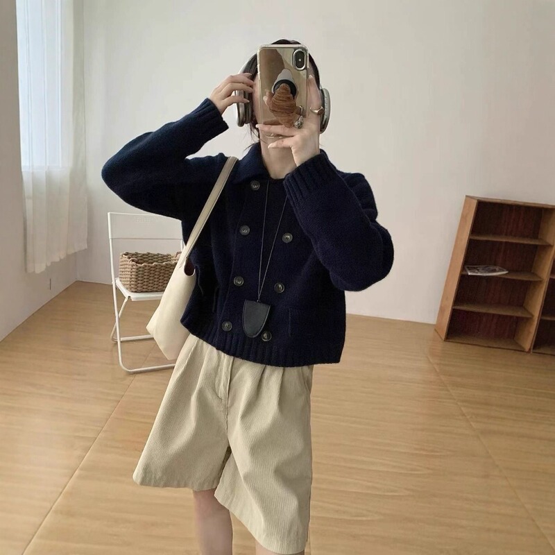 2025新款跨境秋冬新款双排扣假口袋翻领针织开衫毛衣外套女士外套|undefined
