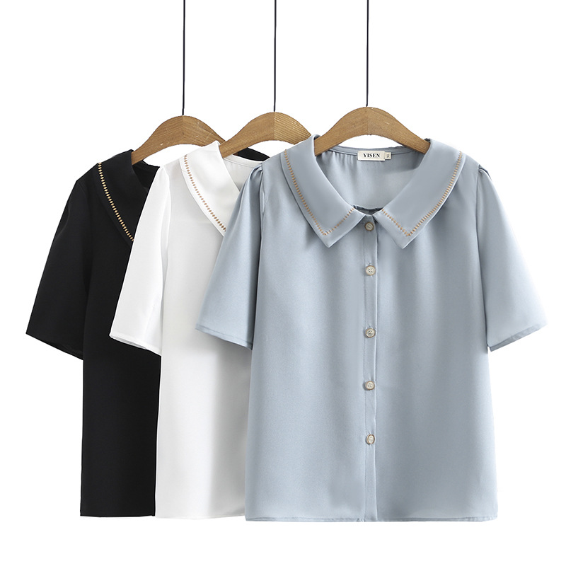 甜美娃娃领衬衫女2021夏季新款大码女装复古雪纺衬衣200斤SYR-109|ru