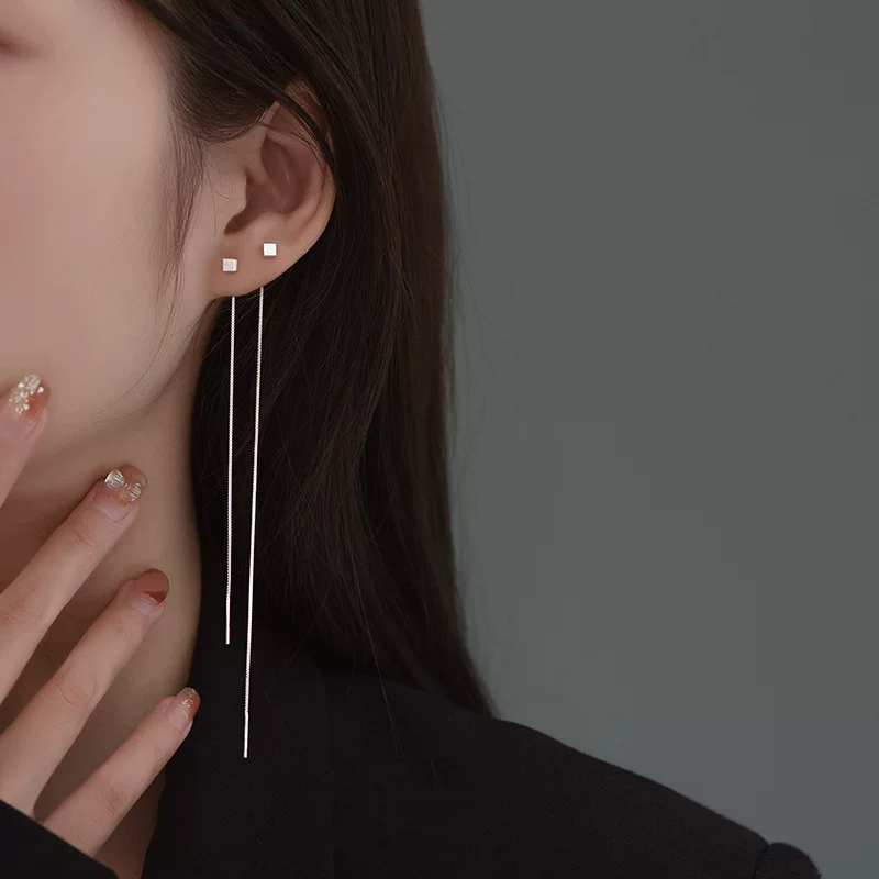 Long Square Tassel Earrings, Silver-Needle Posts, 10–13 cm, Simple Elegant Design