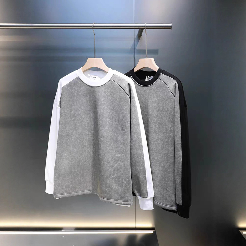 Korean Simple Designer Style Spliced Old Round Neck Men's Casual Thin Sweatshirt Korean Simple Designer Style Spliced Old Round Neck Men's Casual Thin Sweatshirt