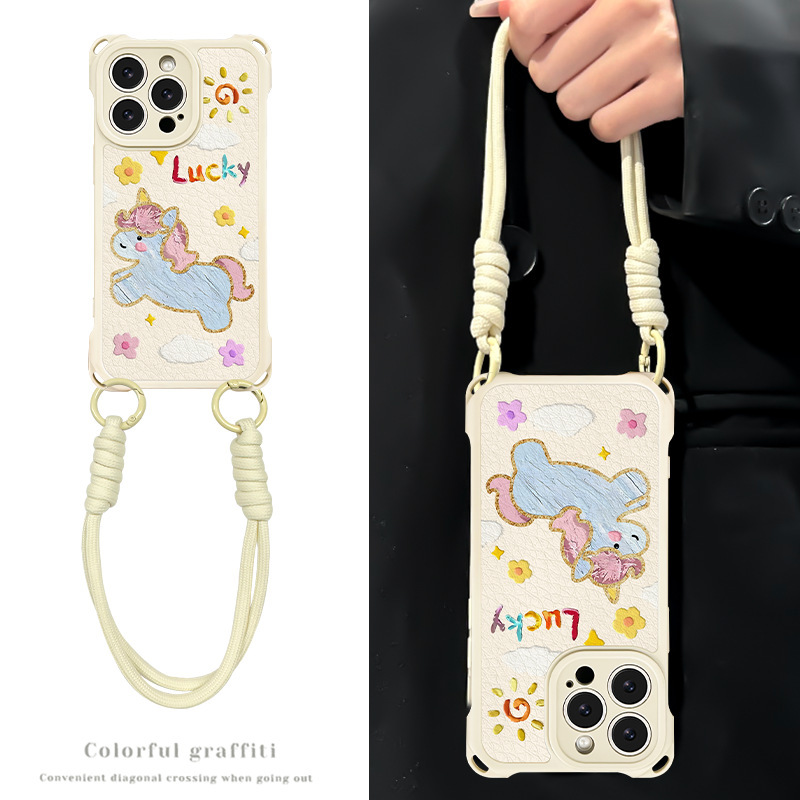 Cute Unicorn Suitable for Apple 16Promax Mobile Phone Case Iphone14 Soft Silicone 15 Four-Corner Lanyard 13 Women