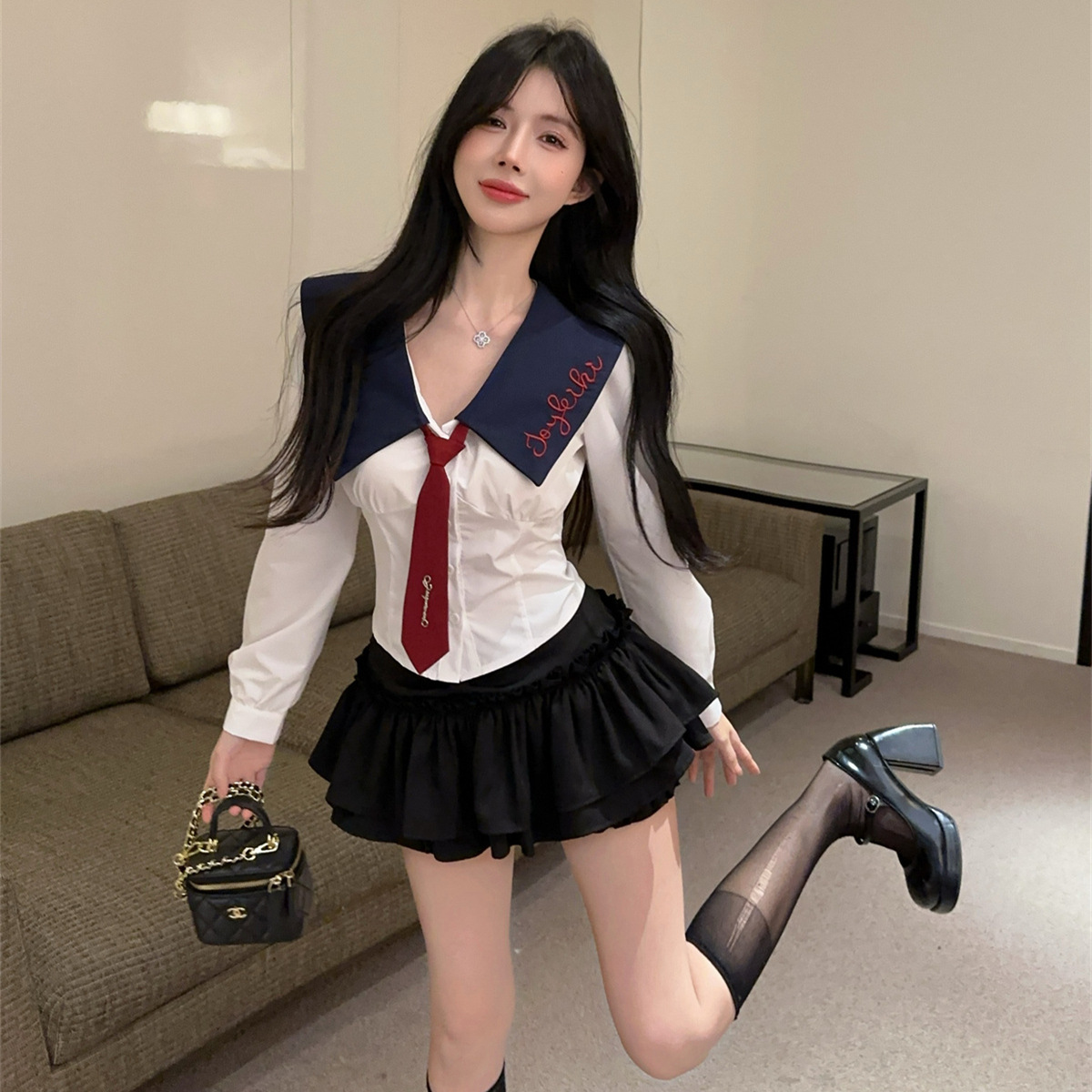 대학 스타일 JK 유니폼 뜨거운 소녀 편지 인쇄 긴 소매 넥타이 상단 세트 높은 허리 케이크 바지 스커트 투피스 세트