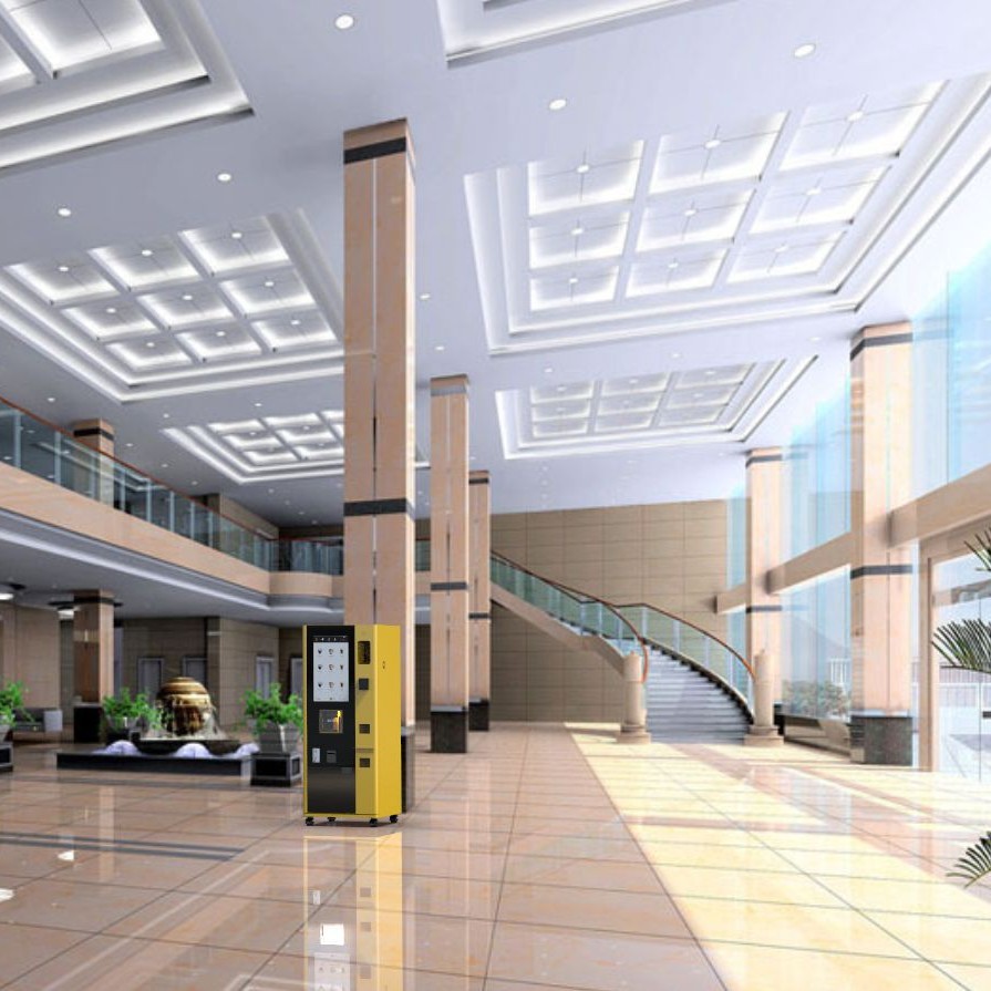 La máquina expendedora comercial de café recién molido vende docenas de bebidas frías y calientes a doble temperatura durante todo el día, sin personal