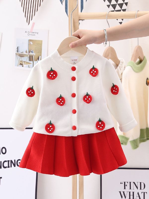 Una pieza de envío nuevo traje de punto de primavera para niñas, vestido de suéter de ganchillo lindo para niñas, cárdigan cálido, falda plisada
