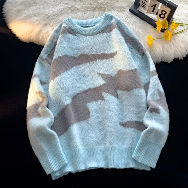 Cross-border Autumn and Winter New Cow Striped Cloud Pattern All-match Sweater 2024 Trendy Men's Deer Plush Crewneck Base Needle