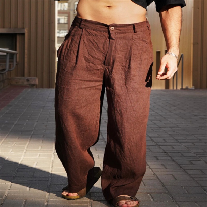 2025 Men's Spring/Summer New Linen Pleated Wide-Leg Pants Mid-Waist Breathable Jogging Pants