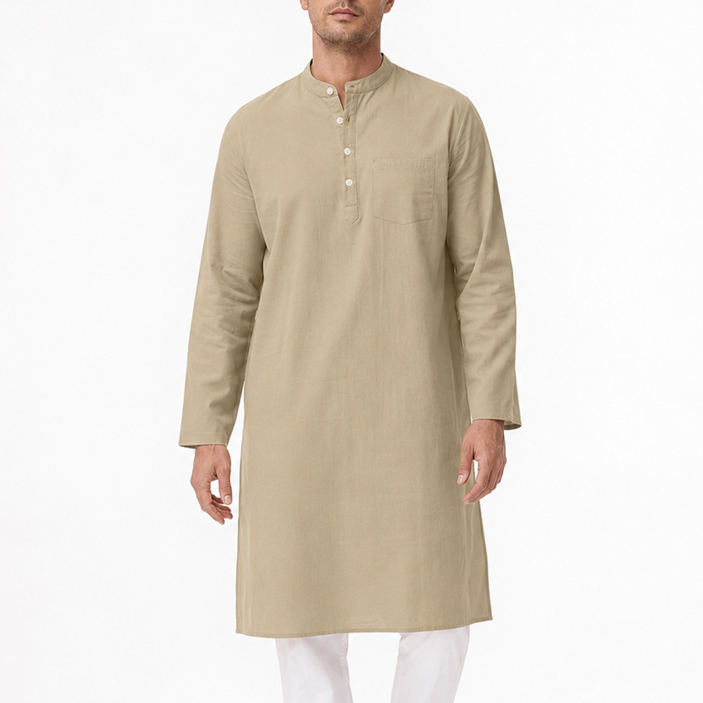 Cross-border ethnic clothing men's cotton long-sleeve robe with side slits and buttons, stand-up collar casual shirt for men