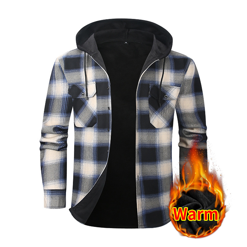 2026 Autumn and Winter Amazon European and American Hot-Selling Fleece-Lined Hooded Plaid Casual Plus-Size Men's Long-Sleeve Shirt Manufacturer 2026 Autumn and Winter Amazon European and American Hot-Selling Fleece-Lined Hooded Plaid Casual Plus-Size Men's Long-Sleeve Shirt Manufacturer