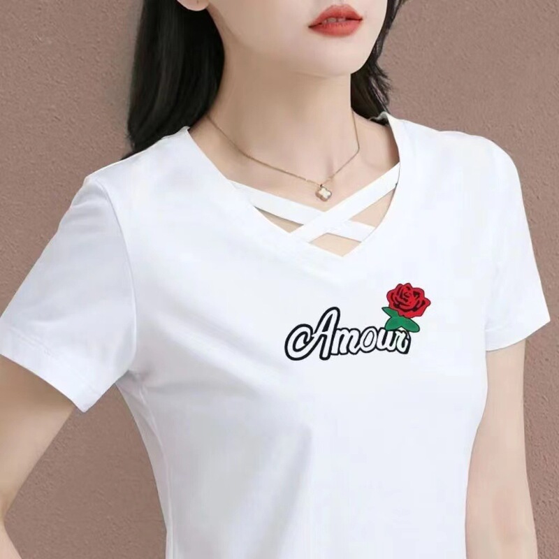 Cross Cotton Short-sleeved Summer New V-neck 2024 Middle-aged Women's T-shirt Loose Belly Covering Sports Top Trendy