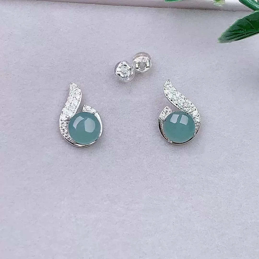 天然翡翠危料蓝水一生钟爱耳钉S925银镶嵌满钻耳环高级感耳饰批发