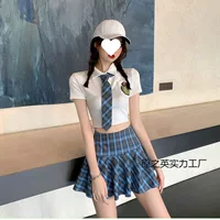 Костюм JK Uniform, одежда в стиле преппи, галстук, короткая футболка с короткими рукавами и галстуком + плиссированная юбка А-силуэта в клетку