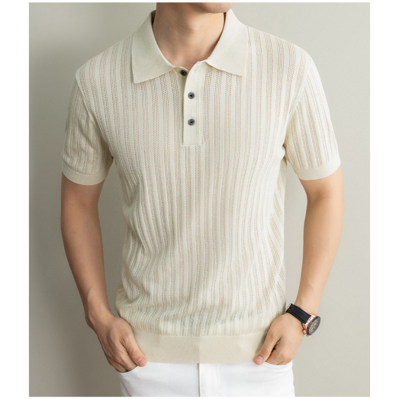 Men's Ice Silk Breathable Polo Shirt Short Sleeve Hollow Out Jacquard Knit Summer Casual Loose Versatile Top_viptrois.com