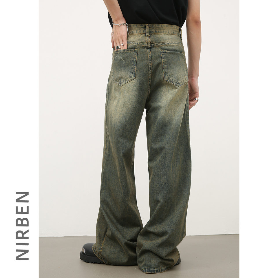 Quần jean nam ống rộng ống đứng dáng suông, vải denim giặt nước hiệu ứng râu mèo — Xanh cổ điển