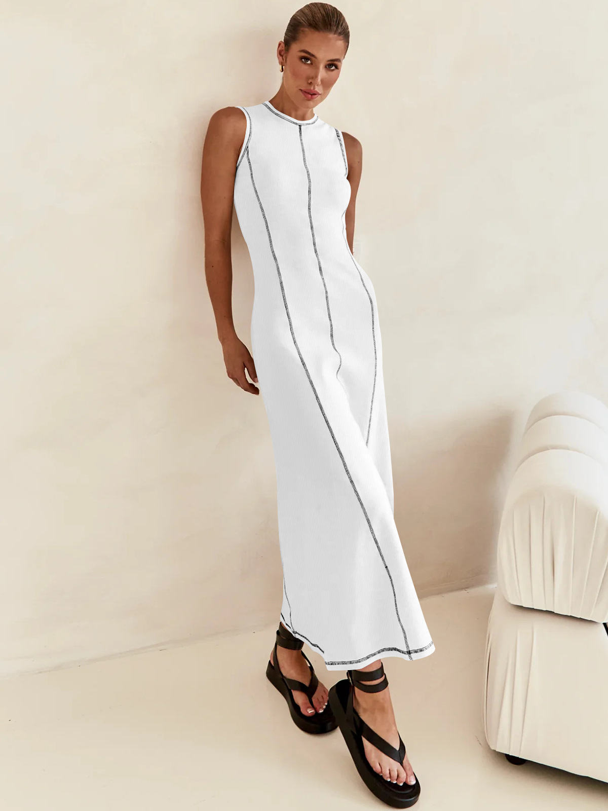 Women's Sheath Dress Streetwear Round Neck Sleeveless Stripe Solid Color Maxi Long Dress Daily display picture 40
