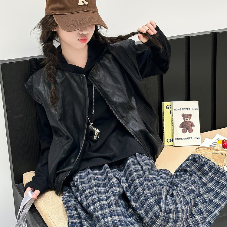 女童2025秋季新款韩版皮衣马甲纯色打底衫洋气百搭格子裤三件套潮|undefined