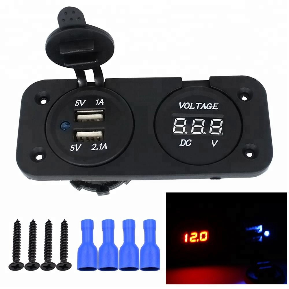 12V通用房车汽车改装双USB充电器带电压表3.1A车充二合一组合面板