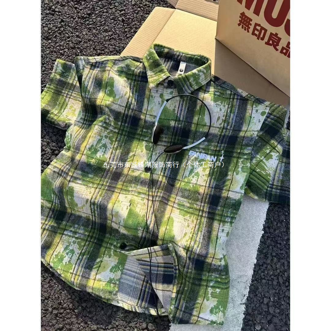 新款扎染格子衬衫女春秋季美式复古短袖衬衣情侣潮外套