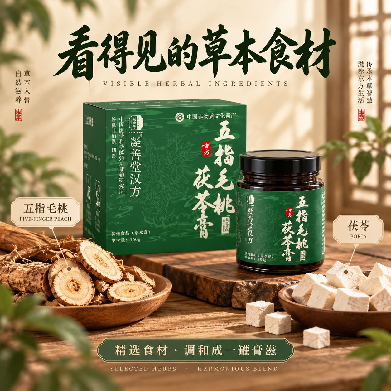 Wu Zhi Mao Tao Fu Ling Herbal Paste (220g) — Traditional Steam-Simmered Herbal Paste with Mulberry, Adzuki Bean & Huo Xiang in use