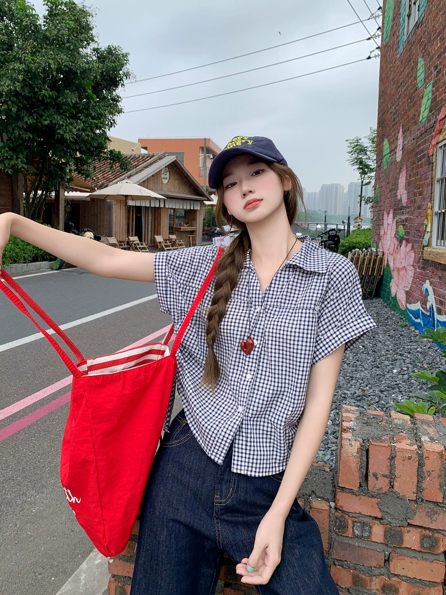 2025 новая летняя корейская стильная ретро клетчатая рубашка для женщин с коротким рукавом, однобортный кардиган с лацканами, французский топ