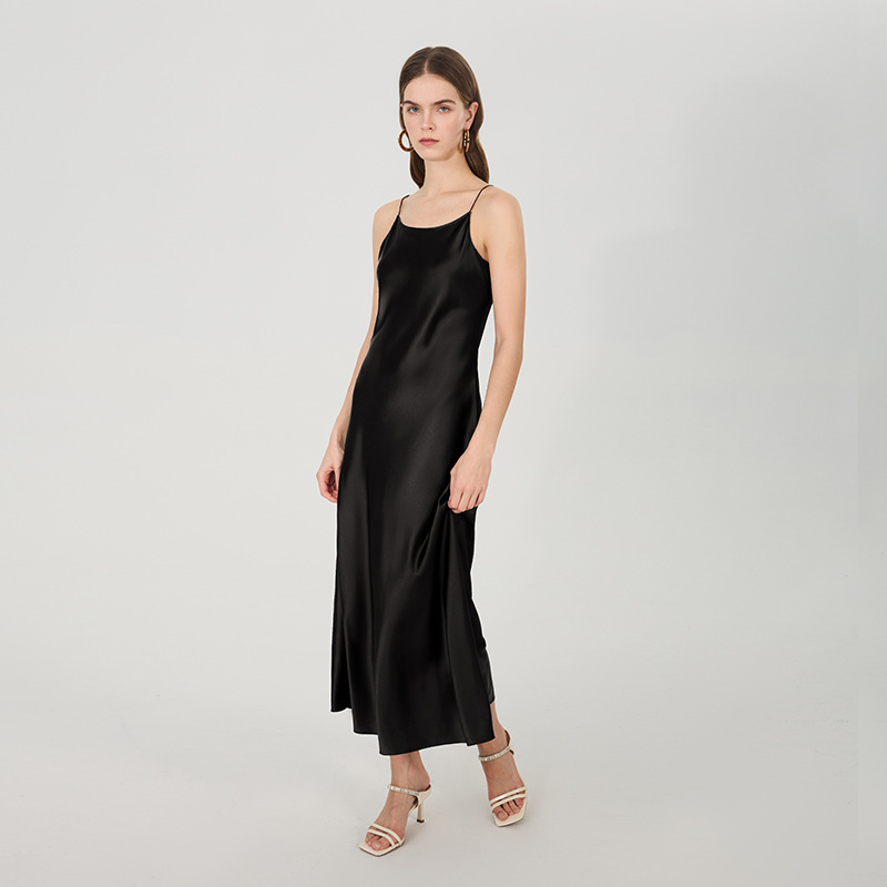 New Sexy Silk Suspender Dress, Light Luxury Round Neck Mulberry Silk Suspender Dress, Mid-Length, Elegant and Graceful