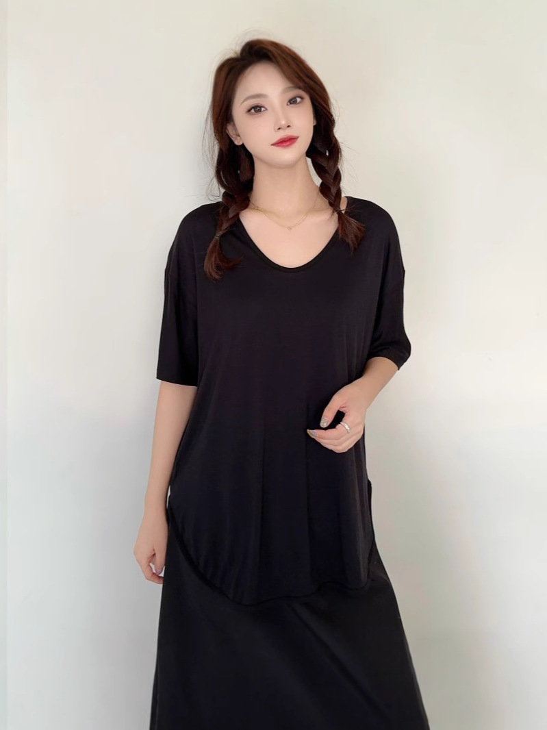 Modal Short-Sleeved T-Shirt for Women, New Summer Style, Thin, Stylish, Slit Bottoming Shirt, U-Neck, Loose, Large Size, Casual