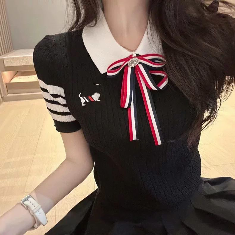 2025 New Puppy Embroidered Bow Ice Silk Knitted Short-Sleeved T-Shirt Women's Slim Fit and Age-Reducing Top