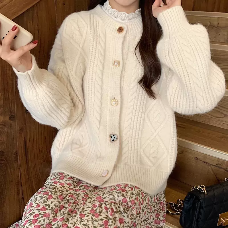软糯感针织开衫女装春秋新款毛衣外套宽松韩版圆领慵懒风外搭上衣