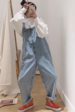 秋季新款韩版小清新街头牛仔背带裤女学生宽松可爱减龄连体长裤潮