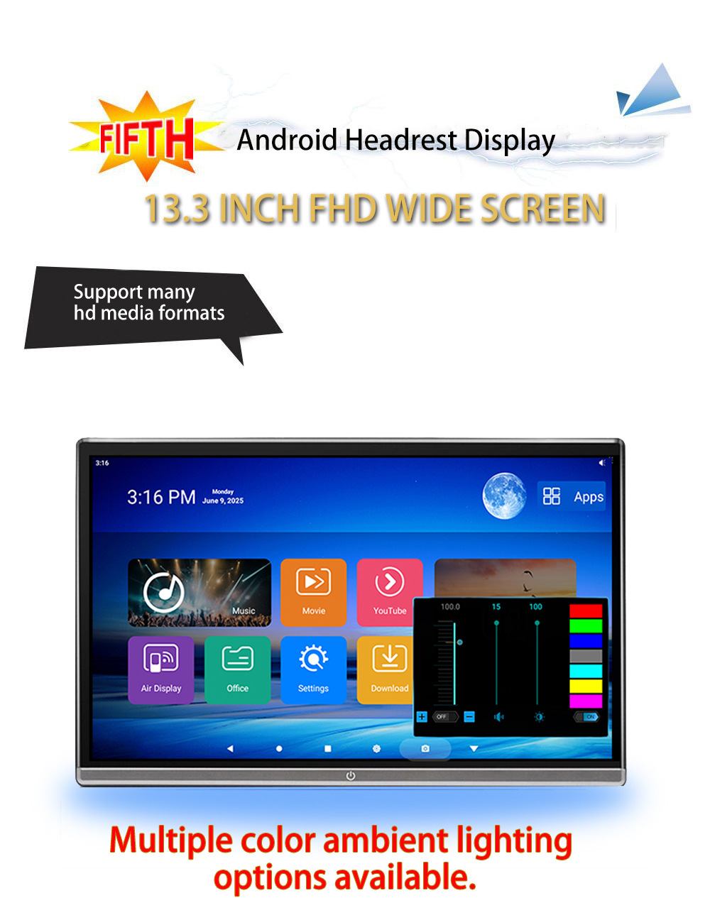 13.3inch Inch Android Monitor for Car Headrest, Rear Seat Advertising Player, Android Monitor for Car Tv